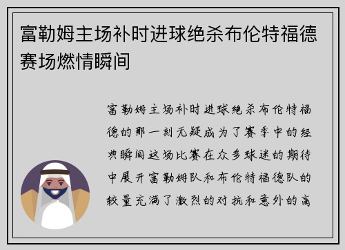 富勒姆主场补时进球绝杀布伦特福德赛场燃情瞬间