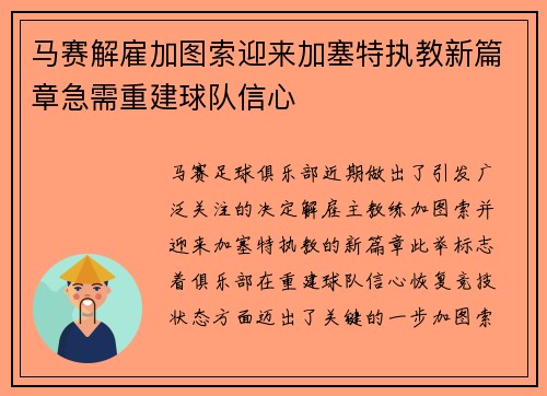 马赛解雇加图索迎来加塞特执教新篇章急需重建球队信心